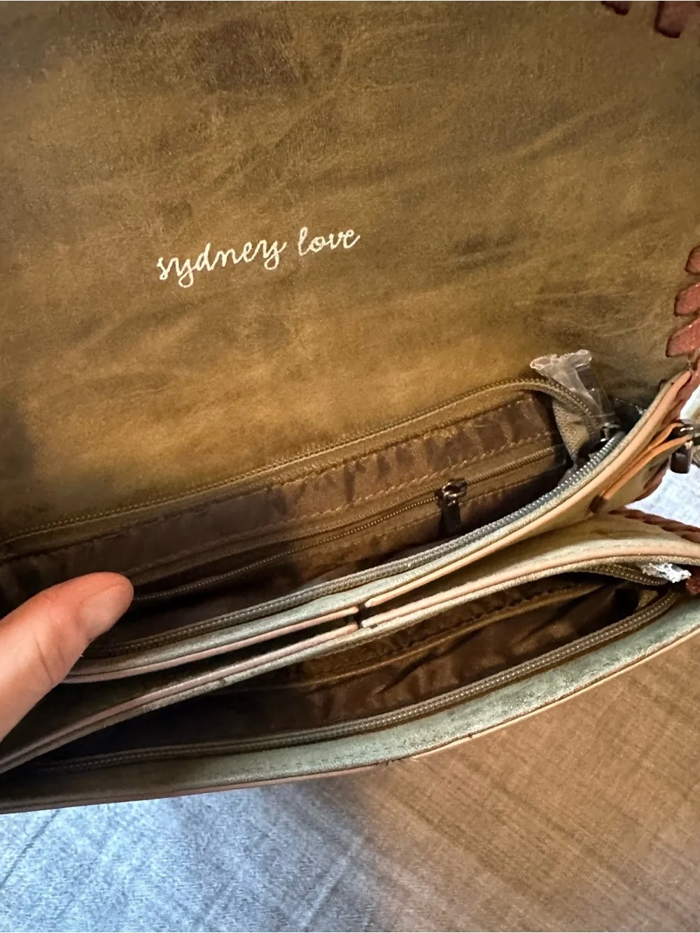 Sydney Love Olive Suede Crossbody with Brown Woven Trim